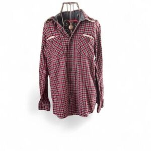 Wrangler Women's Plaid Button Up Shirt S Red Gray Lace Trim Western Flannel